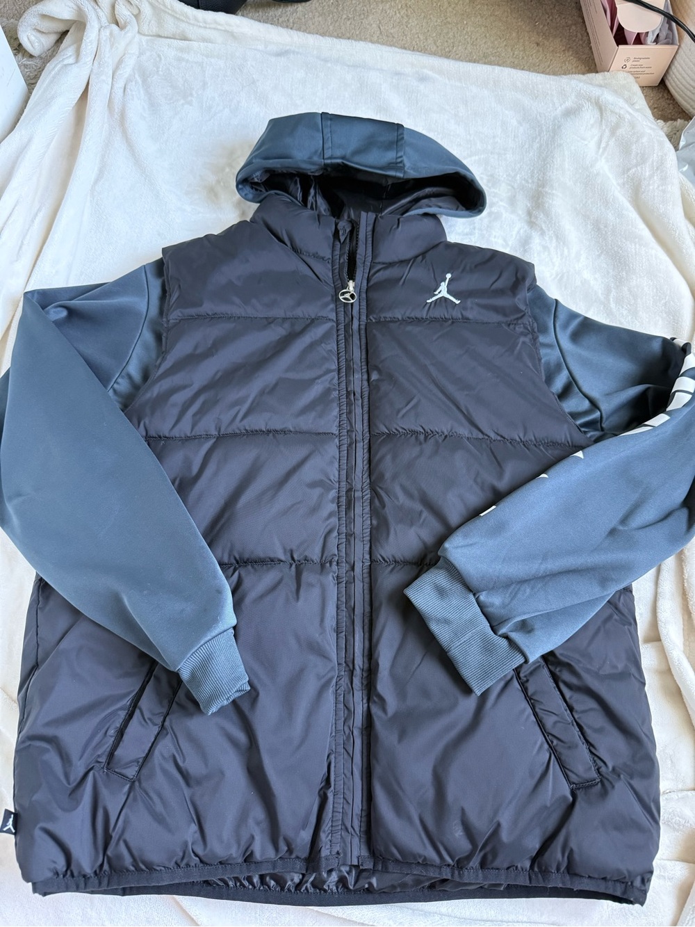 Jordan Men’s Black Puffer Bomber Jacket with Charcoal Sleeves